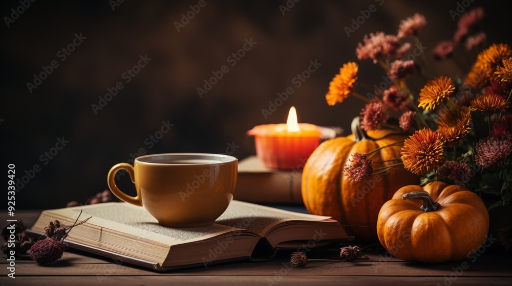 Cozy warm autumn composition with cup of hot tea, burning candle, open book and pumpkins on wooden background. Cozy warm autumn composition with cup of hot tea, burning candle, open book and pumpkins on wooden background.