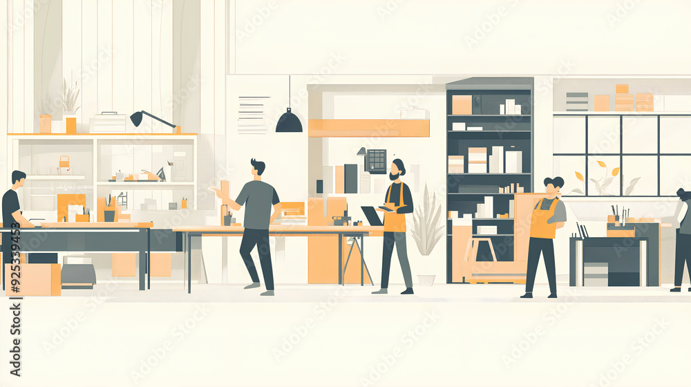 Illustration of several people working in an office setting, surrounded by desks and shelves with boxes. Illustration of several people working in an office setting, surrounded by desks and shelves with boxes.