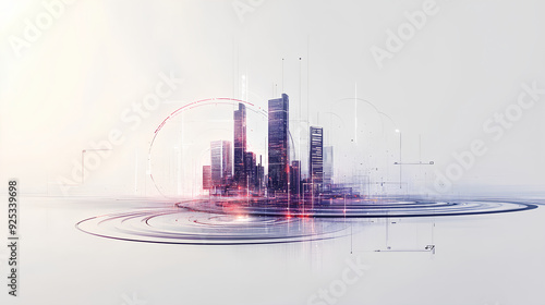 A digital rendering of an abstract cityscape with skyscrapers and circular patterns,