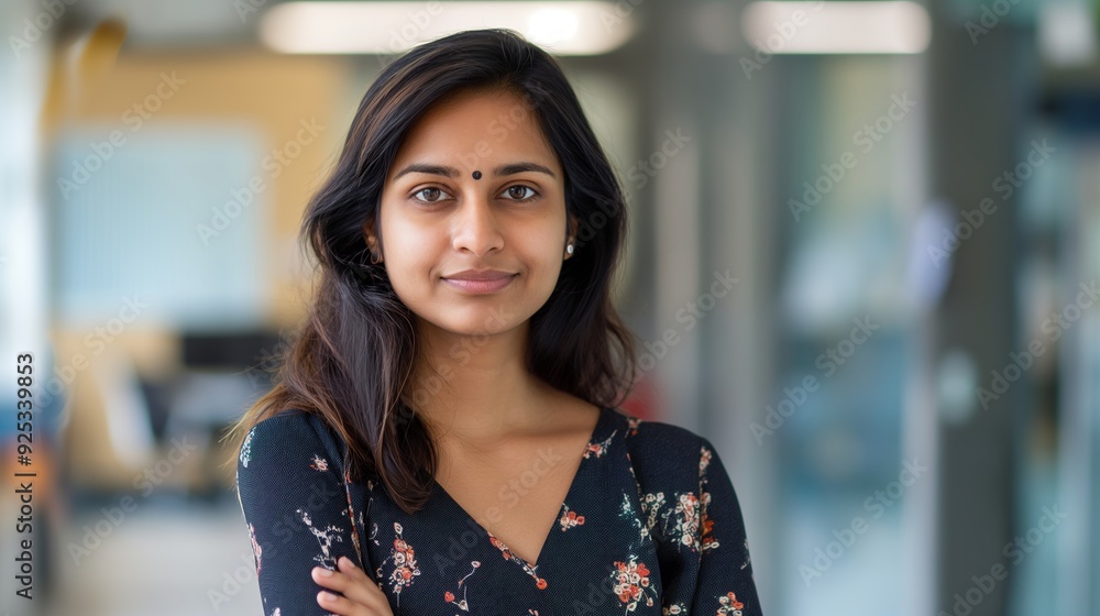 A confident woman with long hair and a floral dress stands with folded arms in a modern office setting, exuding professionalism. A confident woman with long hair and a floral dress stands with folded arms in a modern office setting, exuding professionalism.