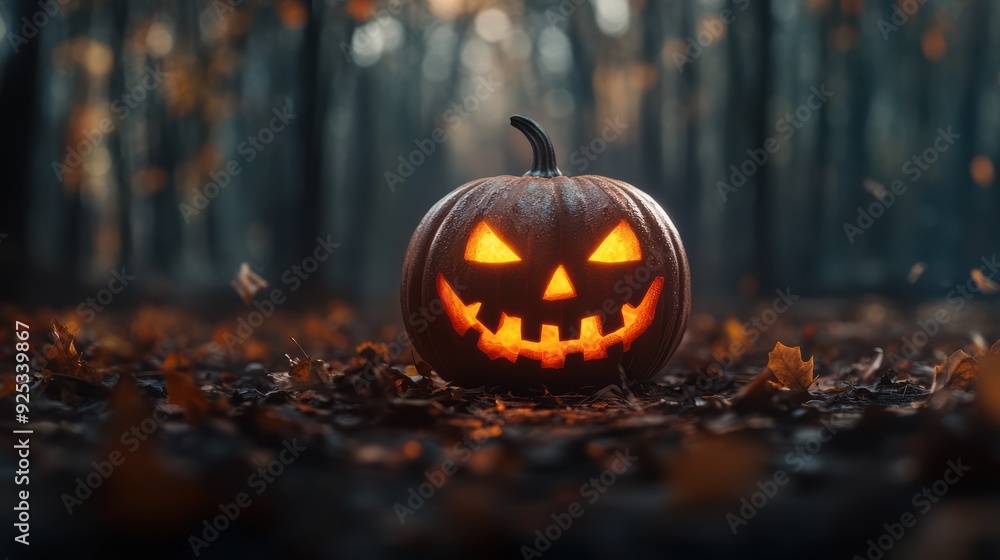 Halloween pumpkin in dark autumn forest halloween celebration background Halloween pumpkin in dark autumn forest halloween celebration background