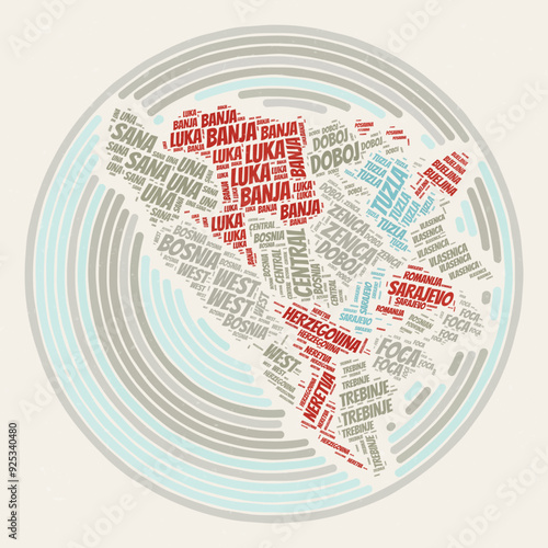 Bosnia and Herzegovina Round Poster. Typography style image of Country. Regions word clouds of Bosnia and Herzegovina. Vintage image design with scratch texture.