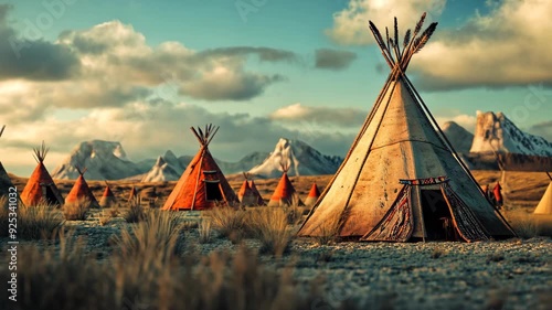 Native American teepee village in mountainous landscape, traditional indigenous dwellings photo