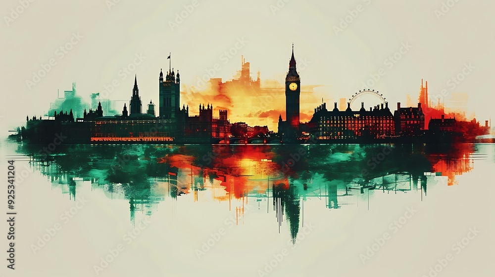Naklejka premium Create a watercolor artwork where the Union Jack seamlessly integrates with the silhouette of London, highlighting Big Ben and the London Eye under a twilight sky,