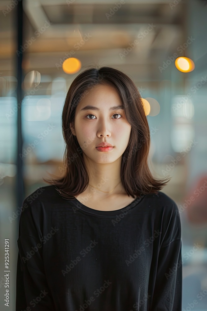 a asian girl standing in office with blurred background, real face, generative ai