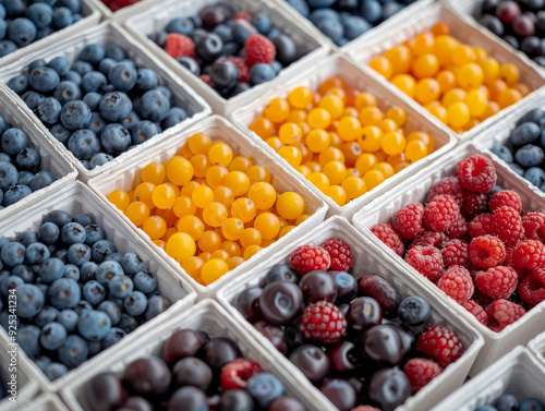 Different types of berries in white boxes, photo taken from above