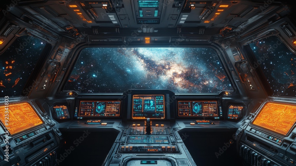 Spaceship cockpit with starry view - generative ai Spaceship cockpit with starry view - generative ai