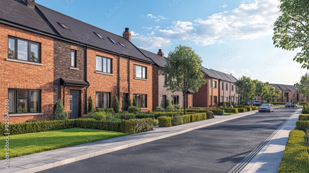 New build home for first time buyers purchasing a family house in a residential street property development after obtaining an investment mortgage, stock illustration image New build home for first time buyers purchasing a family house in a residential street property development after obtaining an investment mortgage, stock illustration image