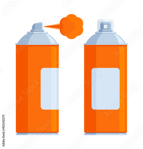 Set of orange spray paint cans with silver caps, one spraying paint. Flat vector illustration isolated on white background. Art supplies and graffiti concept. Perfect for creative projects