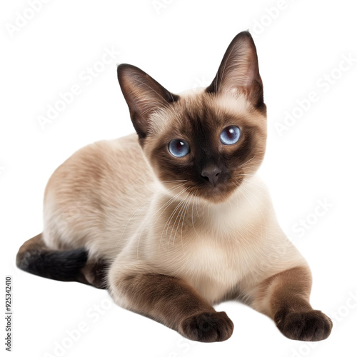 Lying Siamese cat isolated on white or transparent background, png clipart, design element. Easy to place on any other background.