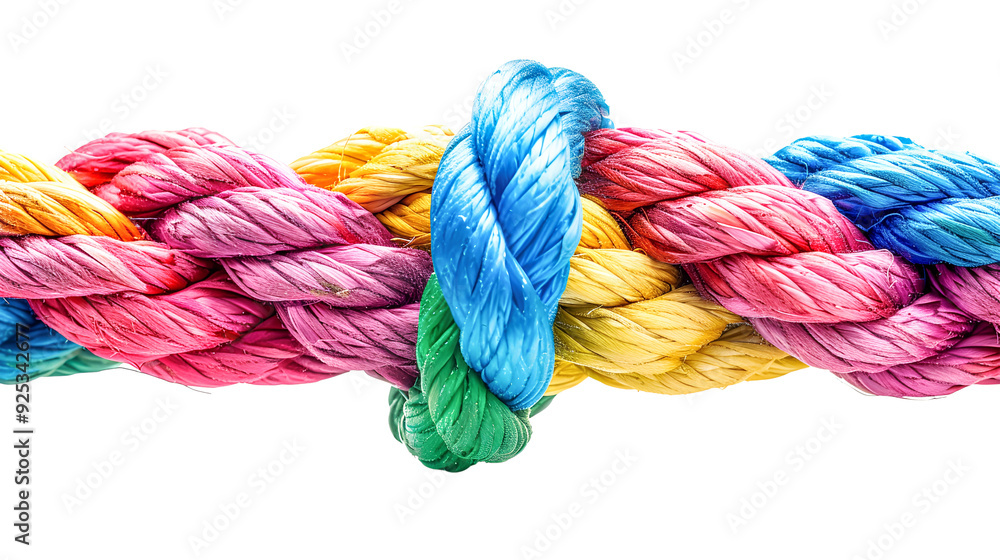 Colorful rope intertwined in a knot, a close-up of a colorful knotted rope isolated on transparent background with copy space Colorful rope intertwined in a knot, a close-up of a colorful knotted rope isolated on transparent background with copy space