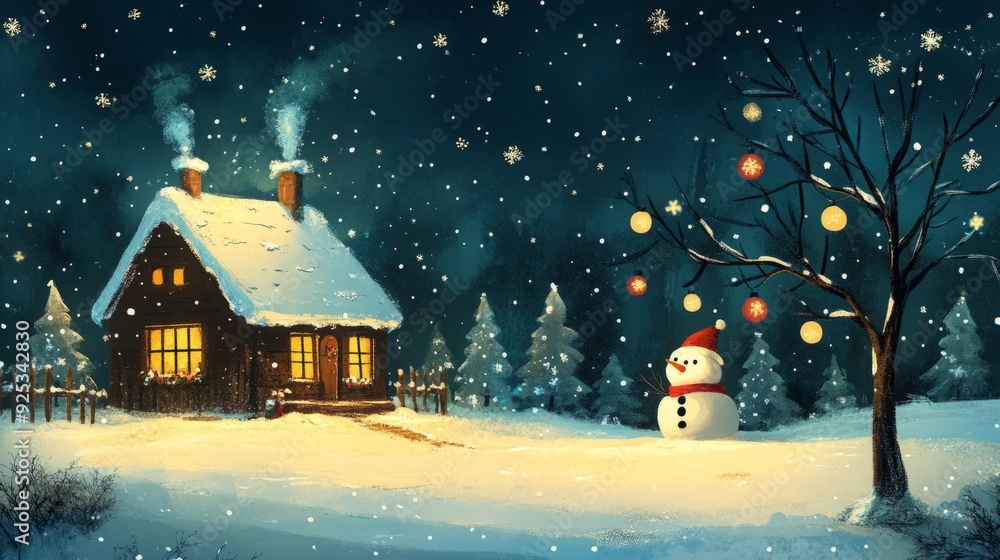 Fototapeta premium Adorable Christmas eve character cartoon. A collection of 2D Christmas images and characters. Santa Claus, snowman, house, and trees in a Christmas wallpaper.
