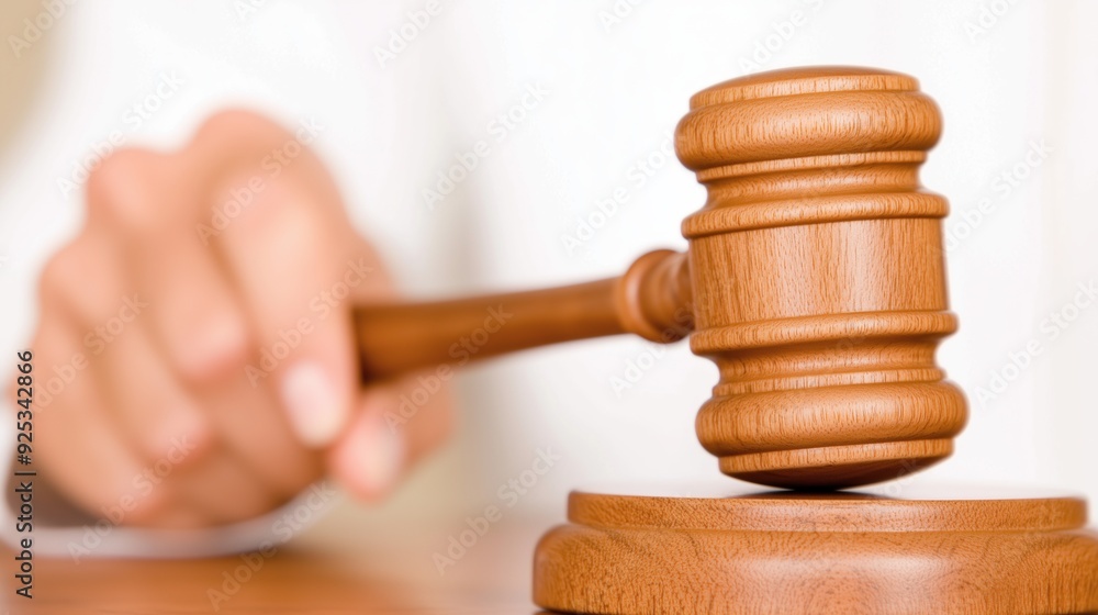 A wooden gavel sits on a wooden base. Concept of authority and power, as the gavel is often used in courtrooms to signify the judge's authority A wooden gavel sits on a wooden base. Concept of authority and power, as the gavel is often used in courtrooms to signify the judge's authority