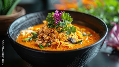 Khao Soi served in a ceramic bowl, with flowers adding a vibrant touch to the scene, no people.