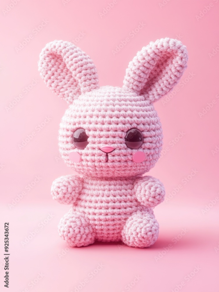 Pink crochet bunny with large eyes, soft texture and detailed stitching. Handmade plush toy, perfect for children or collectors. Pink crochet bunny with large eyes, soft texture and detailed stitching. Handmade plush toy, perfect for children or collectors.