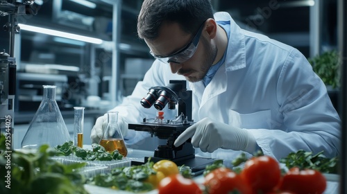 Scientist check chemical food residues in laboratory. Control experts inspect quality of fruits, vegetables. lab, hazards, ROHs, find prohibited substances, contaminate, Microscope photo