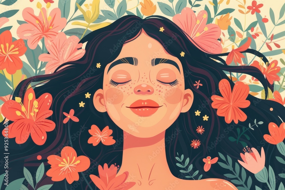 A woman peacefully sleeping amidst a field of vibrant flowers and stars. A woman peacefully sleeping amidst a field of vibrant flowers and stars.