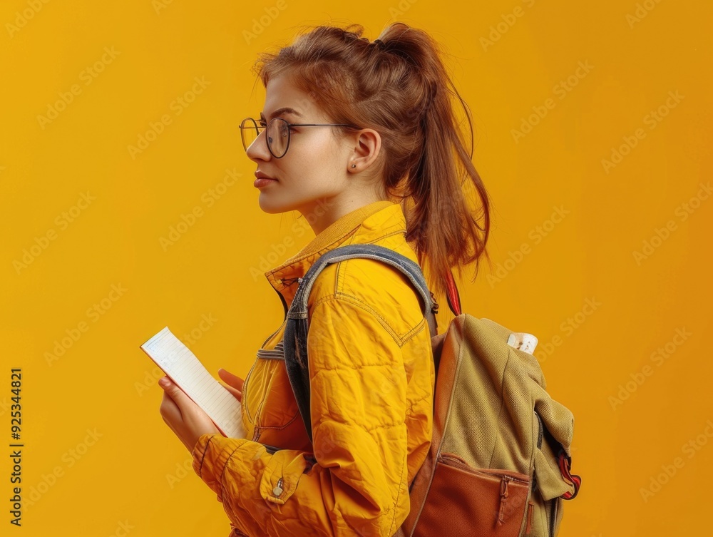 Young woman with backpack and books, walking forward. Yellow jacket, reading a book or paper. Young woman with backpack and books, walking forward. Yellow jacket, reading a book or paper.