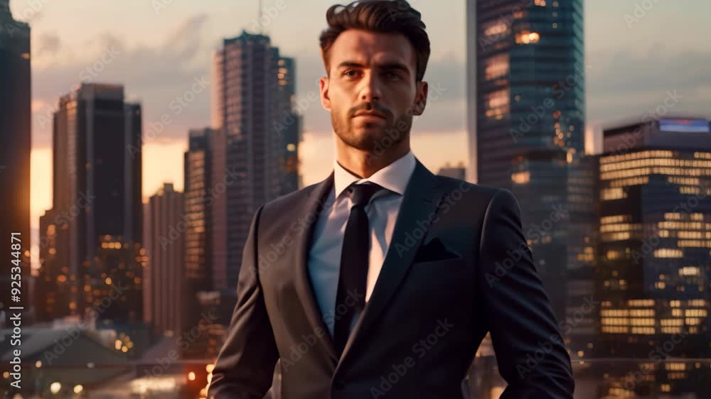 A businessman, dressed in a sharp suit, stands confidently on a rooftop overlooking a city skyline at sunset A businessman in a sleek suit standing confidently with a city skyline in the background A businessman, dressed in a sharp suit, stands confidently on a rooftop overlooking a city skyline at sunset A businessman in a sleek suit standing confidently with a city skyline in the background