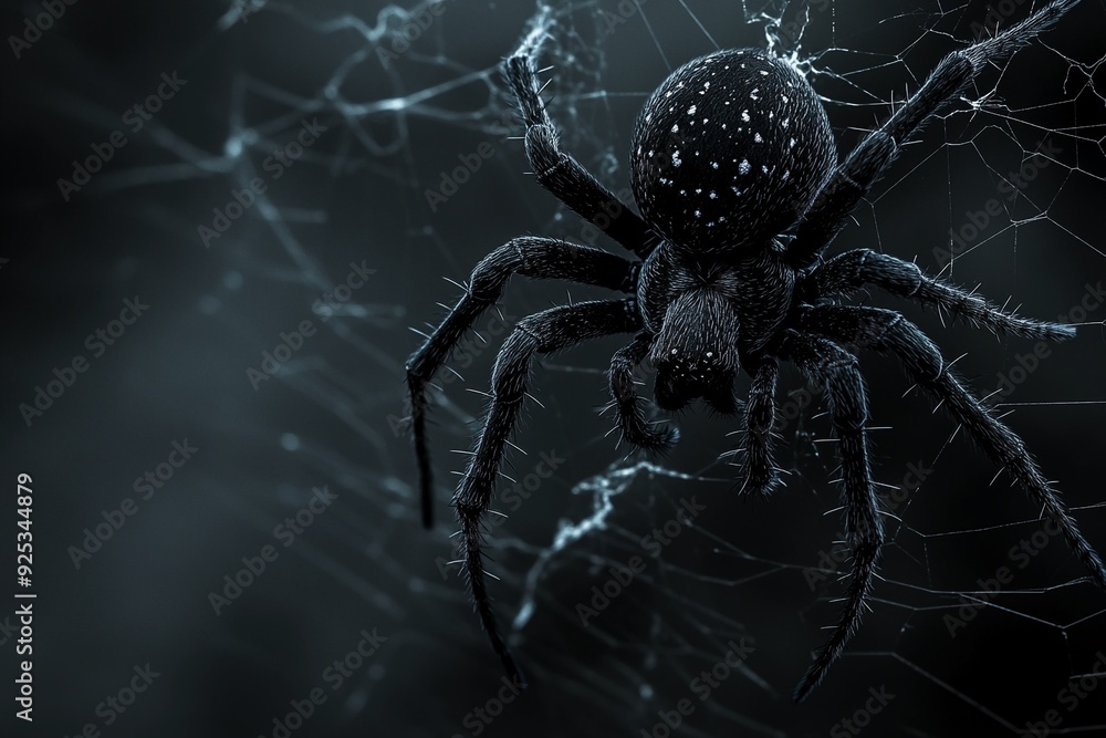 A 3D black spider on a web background A 3D black spider on a web background