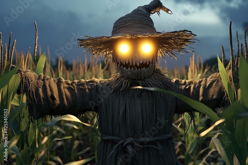 A 3D scarecrow with glowing eyes on a cornfield background