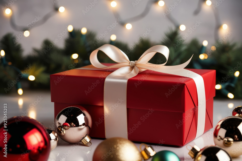 Wrapped gift box with Christmas decoration on Fir branches background. New year and Christmas concept. AI Wrapped gift box with Christmas decoration on Fir branches background. New year and Christmas concept. AI