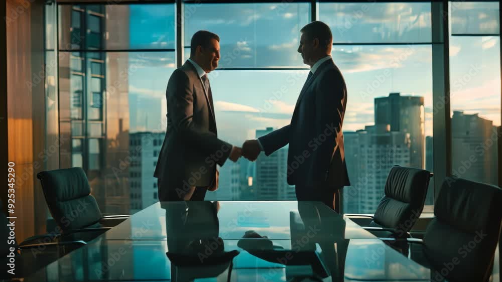 Two businessmen stand in an office building, shaking hands in front of ...