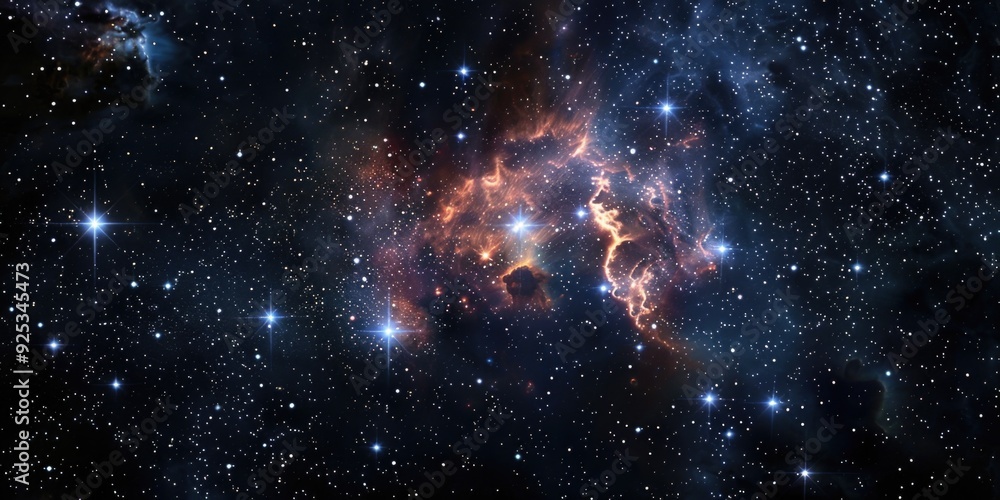 Naklejka premium This image depicts a cosmic scene featuring the creation of new stars. The nebula, a cloud of dust and gas, is where star birth occurs.
