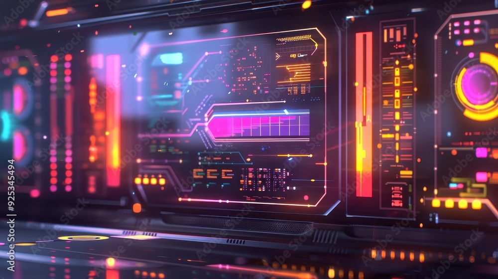 Futuristic digital interface with neon lights and data visuals, representing advanced technology and innovation in a sleek, modern design. Futuristic digital interface with neon lights and data visuals, representing advanced technology and innovation in a sleek, modern design.