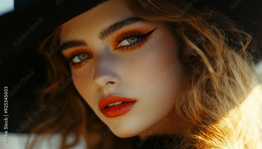 Attractive young woman with witch autumn makeup on helloween party , halloween elegant make up face Attractive young woman with witch autumn makeup on helloween party , halloween elegant make up face