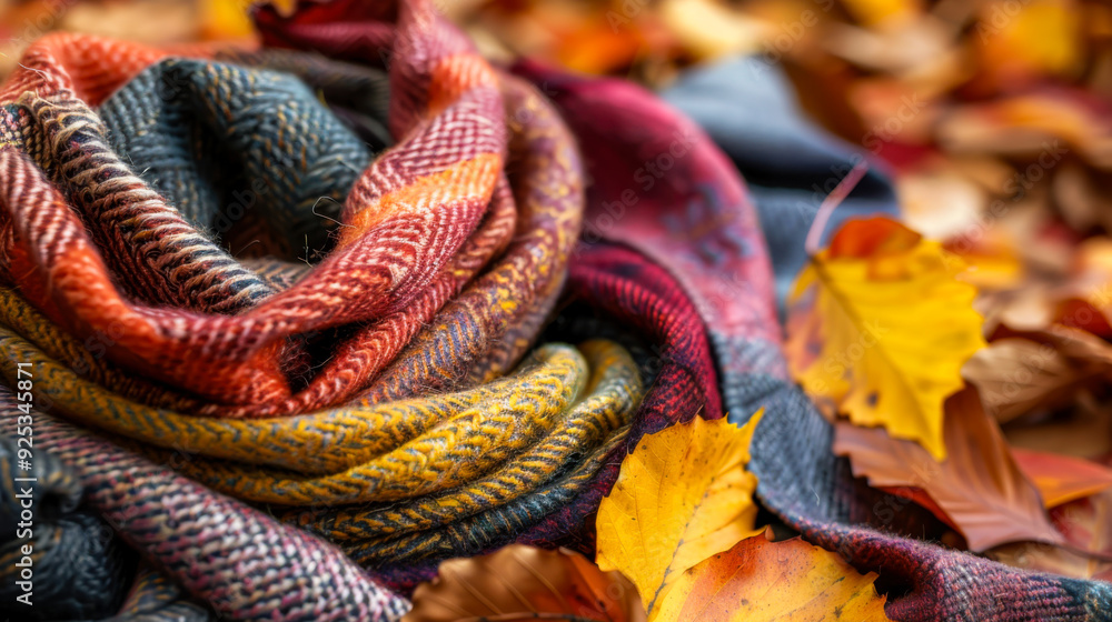 Plaid scarf and autumn leaves Plaid scarf and autumn leaves