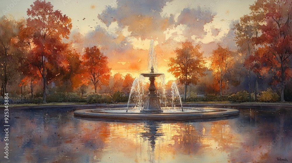 Autumn fountain at sunset in watercolor style - generative ai Autumn fountain at sunset in watercolor style - generative ai