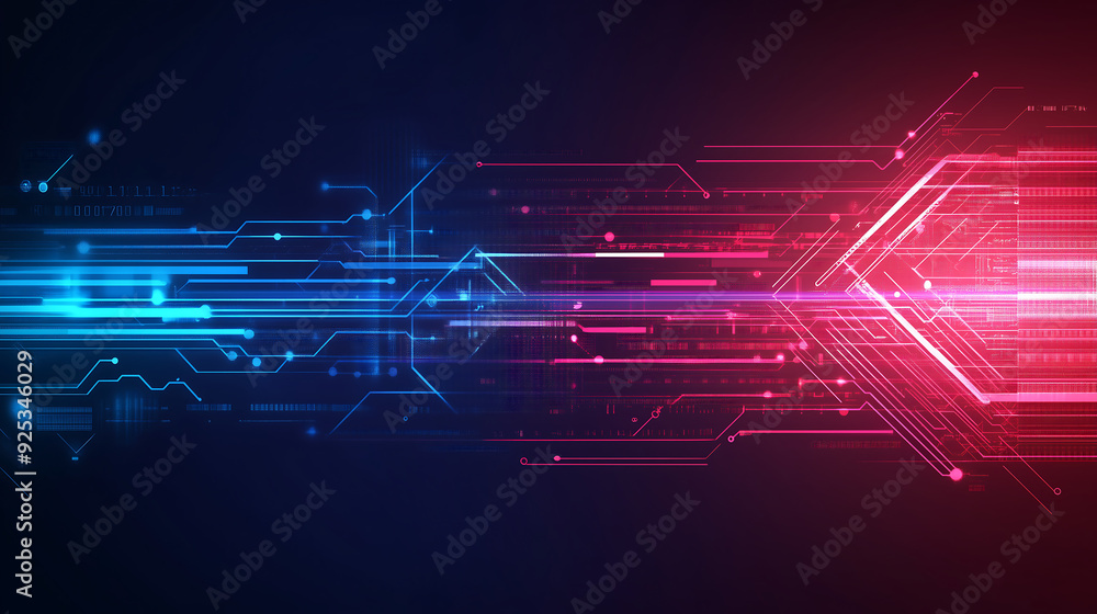 Obraz premium Abstract arrow-themed technological background with digital lines and circuit board elements in blue, red, and pink colors
