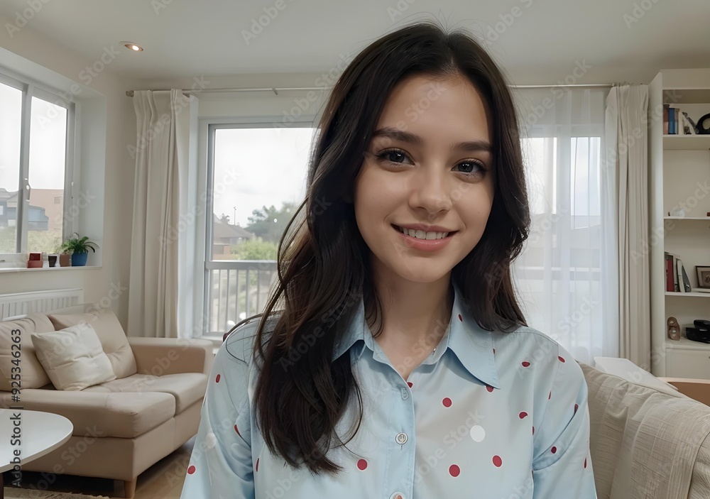 Young Woman Smiling in a Bright Living Room with Polka Dot Blouse Young Woman Smiling in a Bright Living Room with Polka Dot Blouse
