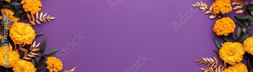 Bright orange flowers frame a vibrant purple background, perfect for spring themes, events, or creative projects.