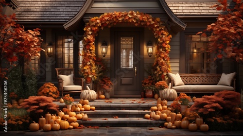 Front door with fall decor, pumpkins decorations.