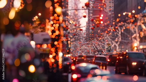 A street in New York City is decorated for the holidays, with twinkling lights and ornaments adorning the trees A bustling city street filled with holiday decorations