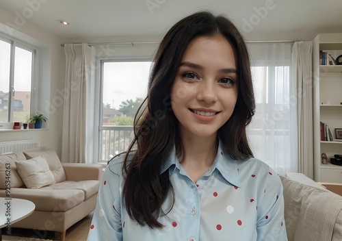 Young Woman Smiling in a Bright Living Room with Polka Dot Blouse