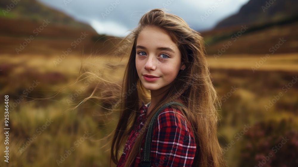 A cheerful girl with long hair blowing in the wind stands in the middle of a field wearing a plaid shirt, smiling brightly. A cheerful girl with long hair blowing in the wind stands in the middle of a field wearing a plaid shirt, smiling brightly.