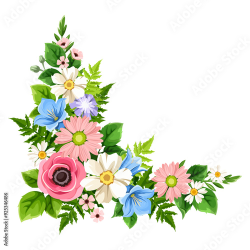 Flowers corner border. Pink, white, blue, and purple flowers and green leaves corner design element isolated on a white background. Vector illustration