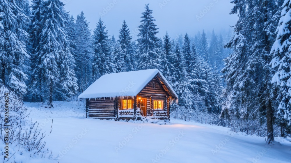 A small cabin in the snow covered forest with a light on, AI A small cabin in the snow covered forest with a light on, AI