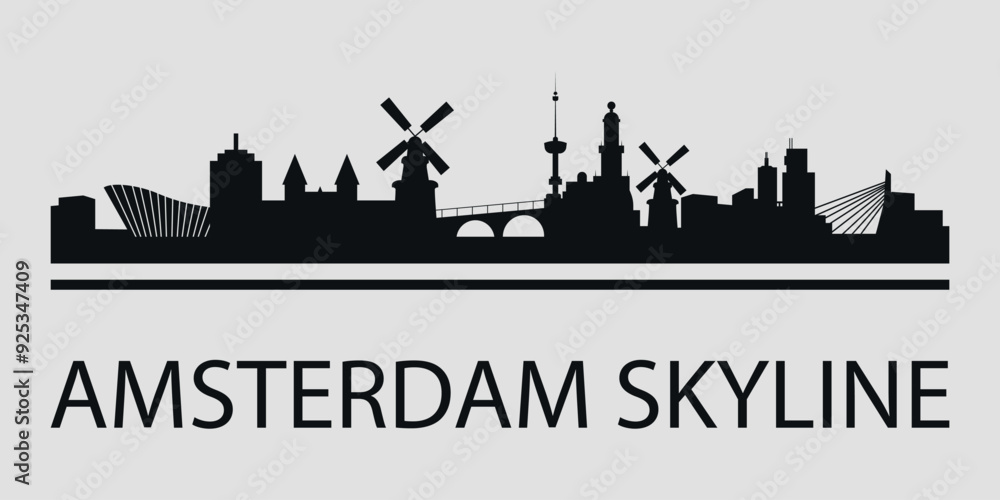 Obraz premium The city skyline. Amsterdam. Silhouettes of buildings. Vector on a gray background