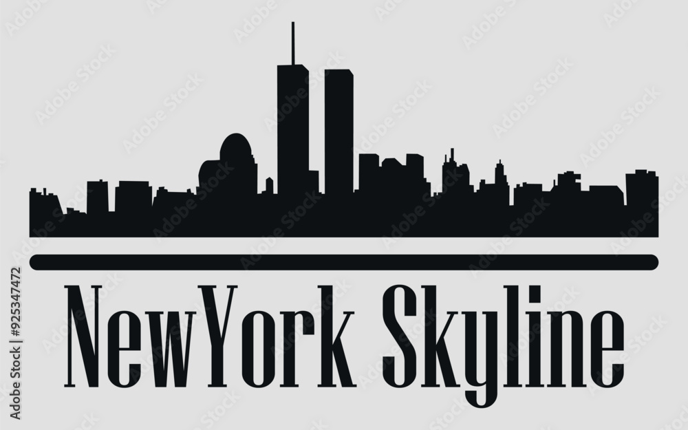 Obraz premium The city skyline. New York. Twin towers. Silhouettes of buildings. Vector on a gray background
