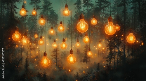 Magical forest with hanging lightbulbs - generative ai