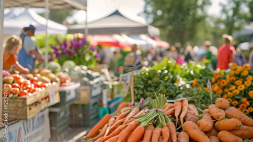 A bustling farmers market with fresh produce, including tomatoes, cucumbers, carrots, and more A bustling farmers market with colorful produce and handmade goods