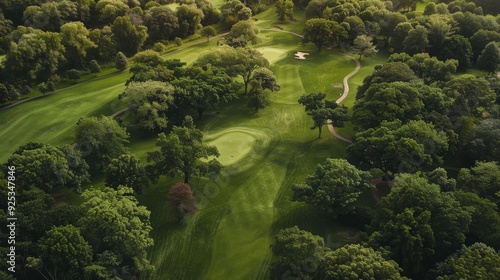 Aerial view of a lush, green golf course surrounded by dense trees, showcasing the intricate layout of fairways and putting greens under gentle sunlight.