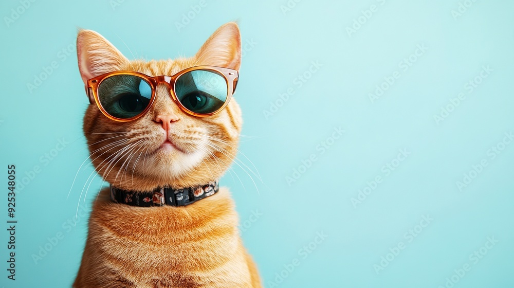 A ginger cat wearing sunglasses and a collar, looking at the camera, against a blue background. A ginger cat wearing sunglasses and a collar, looking at the camera, against a blue background.
