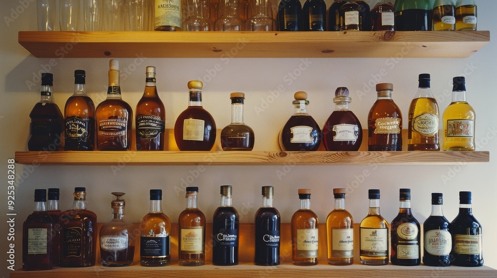 Neatly displayed rows of assorted liquor bottles line two wooden shelves, showcasing a variety of spirits in a warm, inviting setting. Neatly displayed rows of assorted liquor bottles line two wooden shelves, showcasing a variety of spirits in a warm, inviting setting.