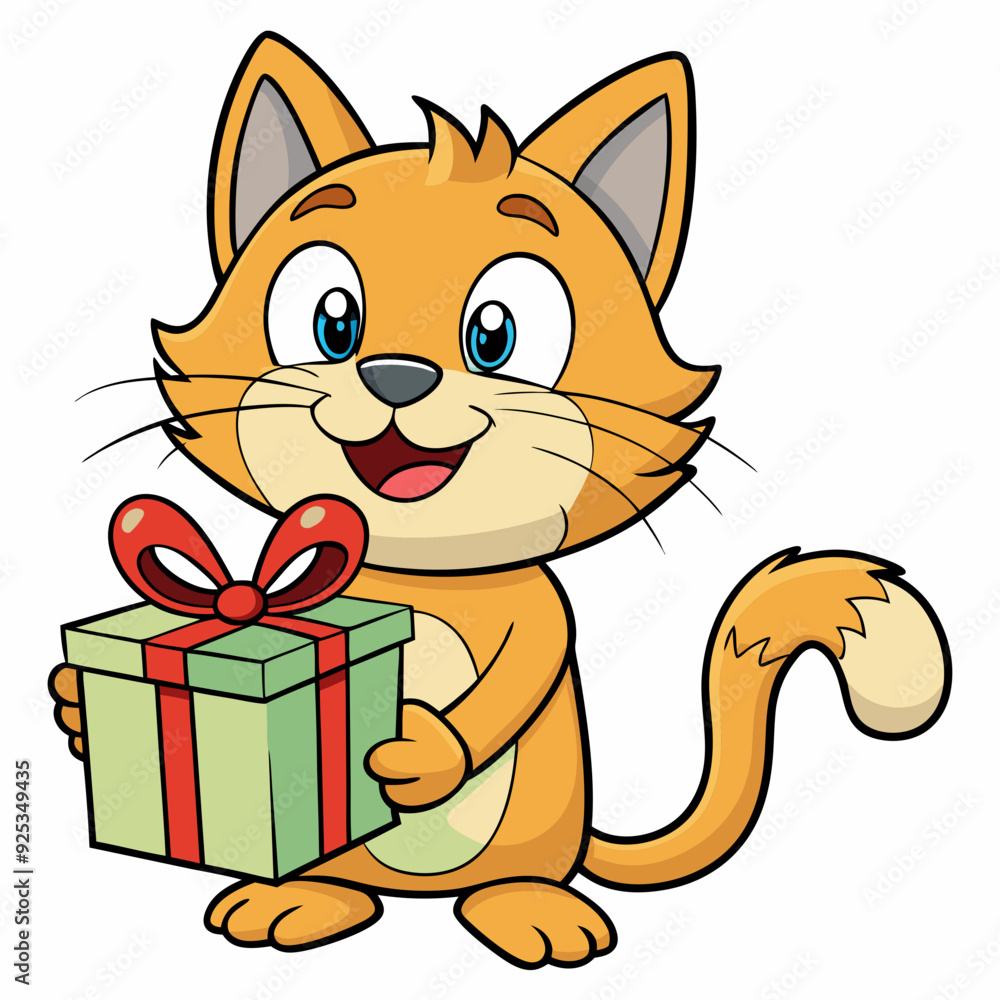 Smiling cat holding a small gift box art vector illustration Smiling cat holding a small gift box art vector illustration