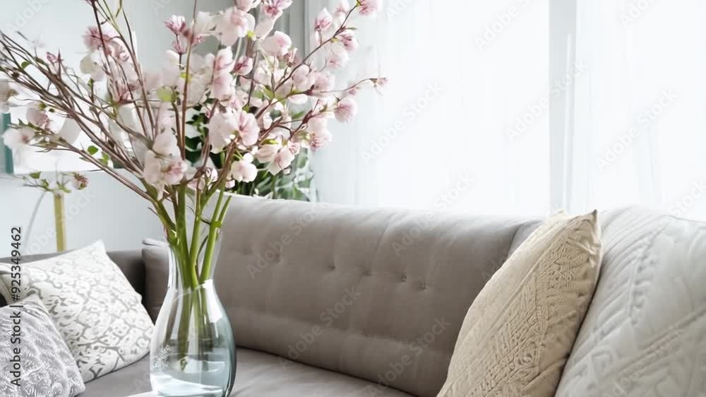 Stylish Scandinavian Living Room With Cherry Plum Branches in Spring Generative AI Stylish Scandinavian Living Room With Cherry Plum Branches in Spring Generative AI